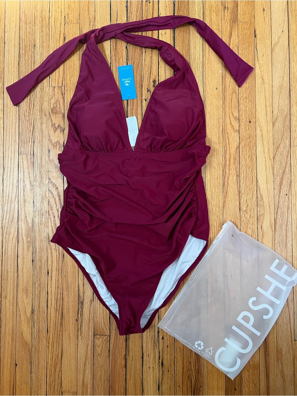 CUPSHE Women V Neck One Piece Swimsuit Halter Backless Ruched Tummy Control